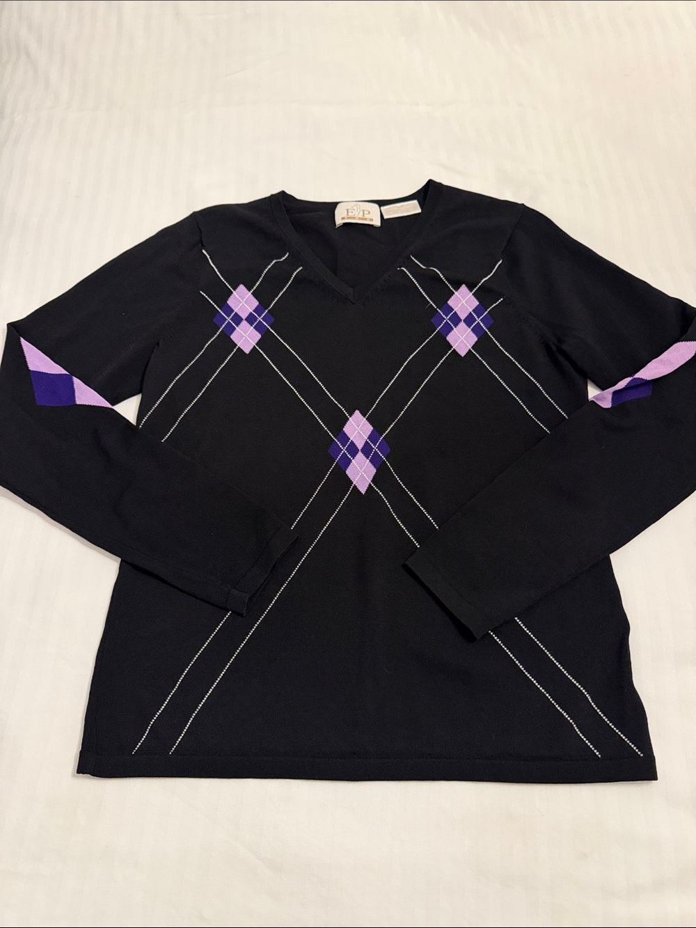EP Pro Black V‑Neck Sweater with Purple Argyle Accents
